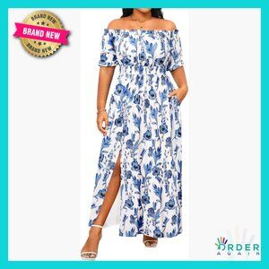 Boho Maxi Sundress Off Shoulder Smocked Waist Split Hem Summer Floral